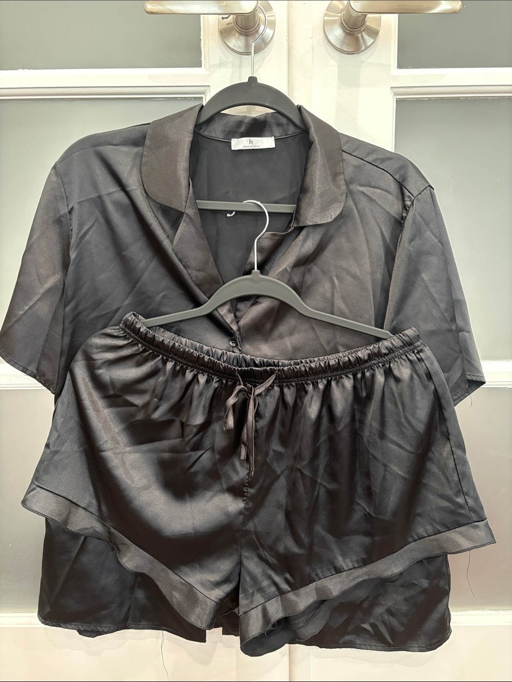 Black Satin Pajama Set - Short Sleeve Top & Drawstring Shorts